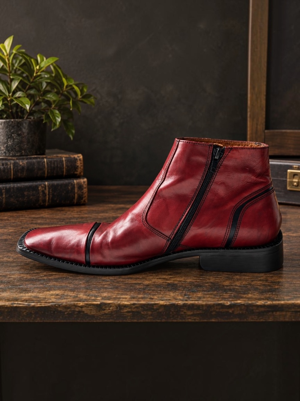TEMY Vintage Italian Men’s Leather Burgundy/Red Ankle Boot with side zip | EU 42